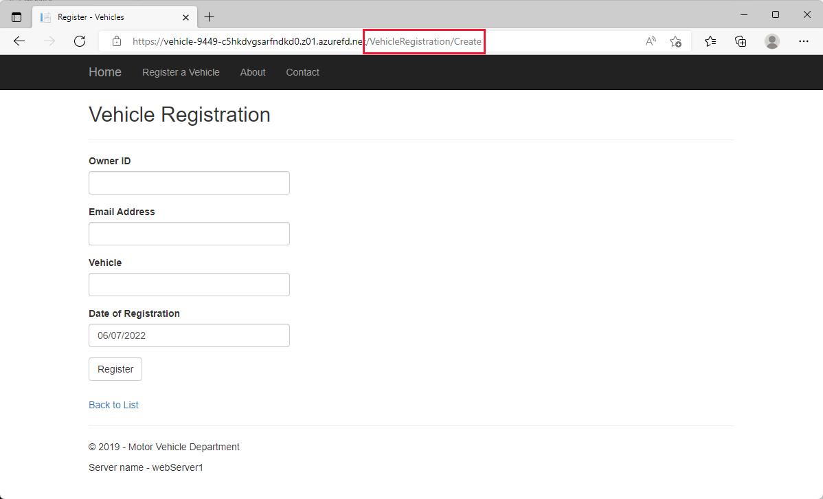 Screenshot of vehicle registration page.