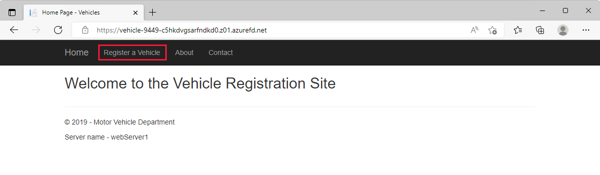 Screenshot of web server 1 register a vehicle link.