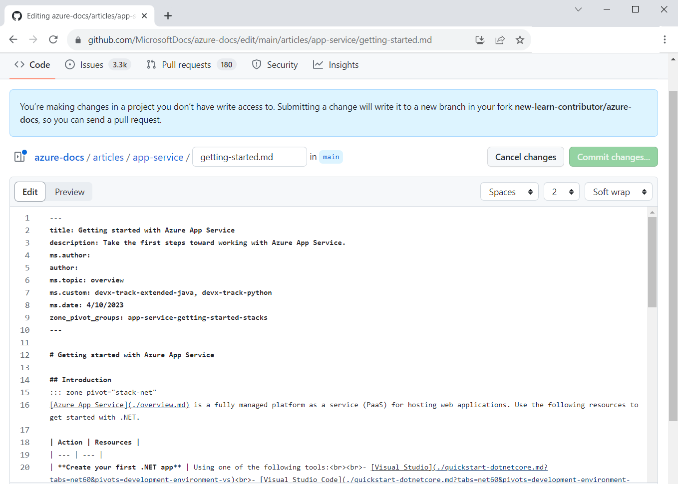 Screenshot of a browser with a documentation article written in Markdown syntax, which can be edited in the Edit pane.