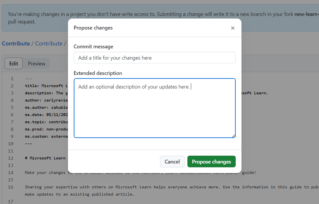 Screenshot of the pop up box with two fields to create a Commit message and add an extended description of the changes.