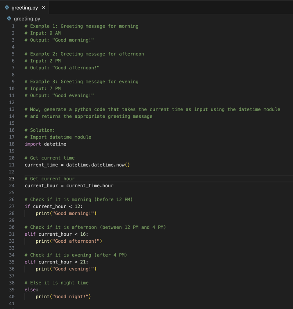 Screenshot of Copilot generating greeting code based on multiple examples.