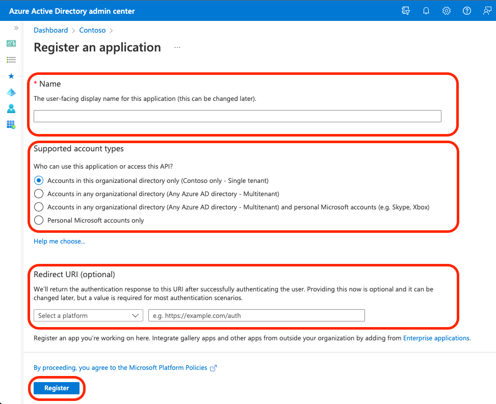 Screenshot that shows selections for registering an app to Microsoft Entra ID.