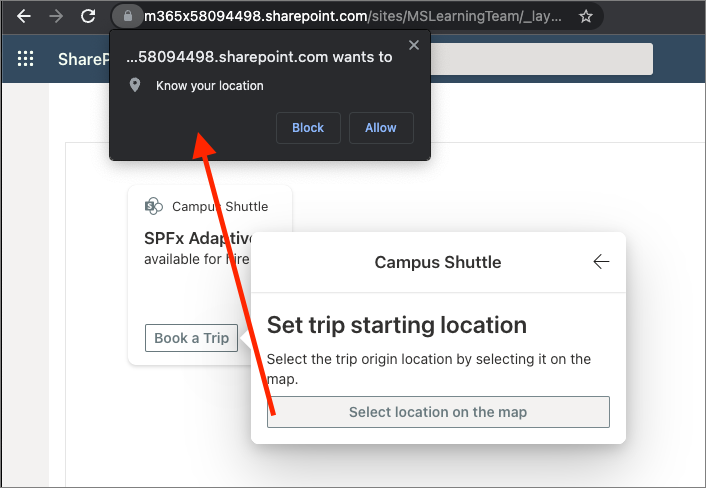 Screenshot of the browser prompt to grant access to your location.