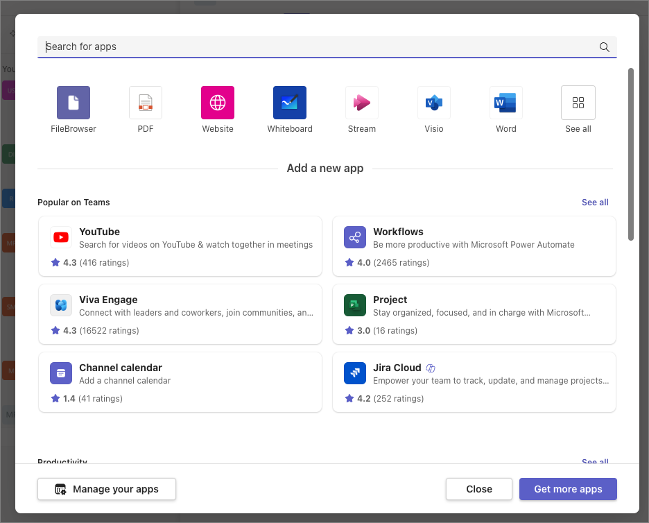 Screenshot of the Add a tab dialog.