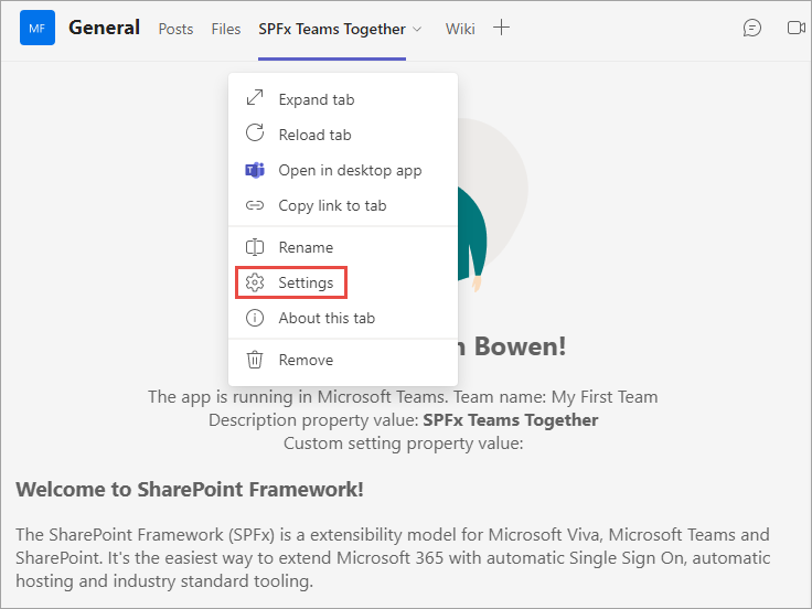 Screenshot of the SPFx solution in Microsoft Teams - Settings context menu item.