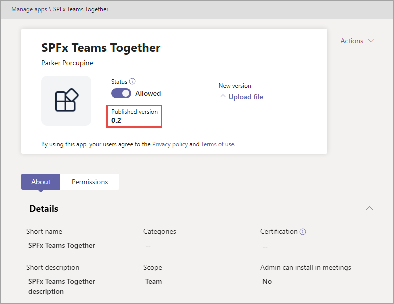 Screenshot of the Manage apps pane with updated version.