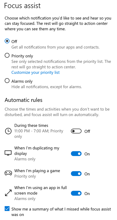 Screenshot of Focus Assist settings in Windows.