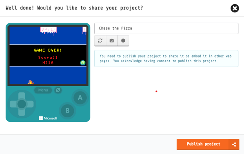 Screenshot of how to publish a project in MakeCode.