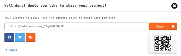 Screenshot of the MakeCode text box for sharing a project.
