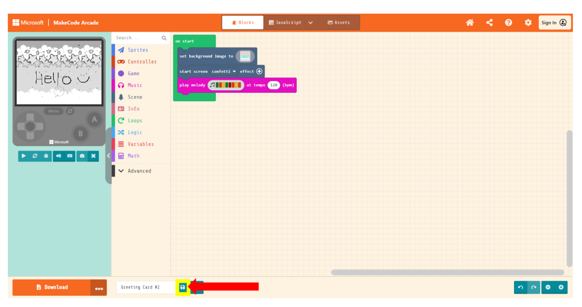 Screenshot highlighting the save button in MakeCode Arcade.