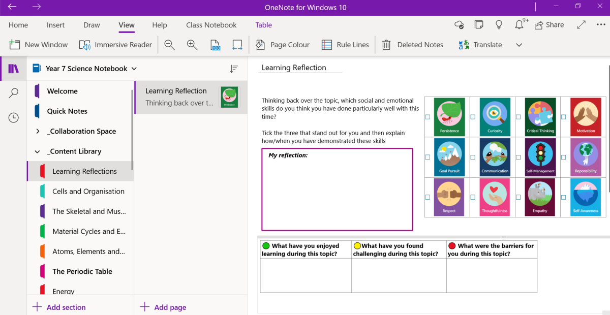 Screenshot of a OneNote Class Notebook learning page. The page contains a learning reflection activity for students to evaluate how they felt about their learning topic and the social and emotional learning skills they demonstrated.