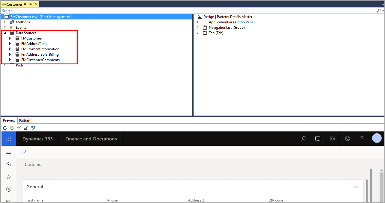 Screenshsot of the Visual Studio Form designer window highlighting Data Sources options.