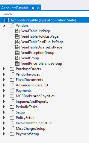 Screenshot of the designer view of a standard menu with groups of submenus.