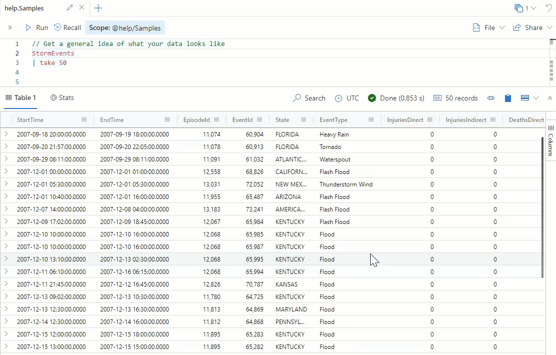 Screen capture showing process of selecting state and grouping by state in Azure Data Explorer web UI.