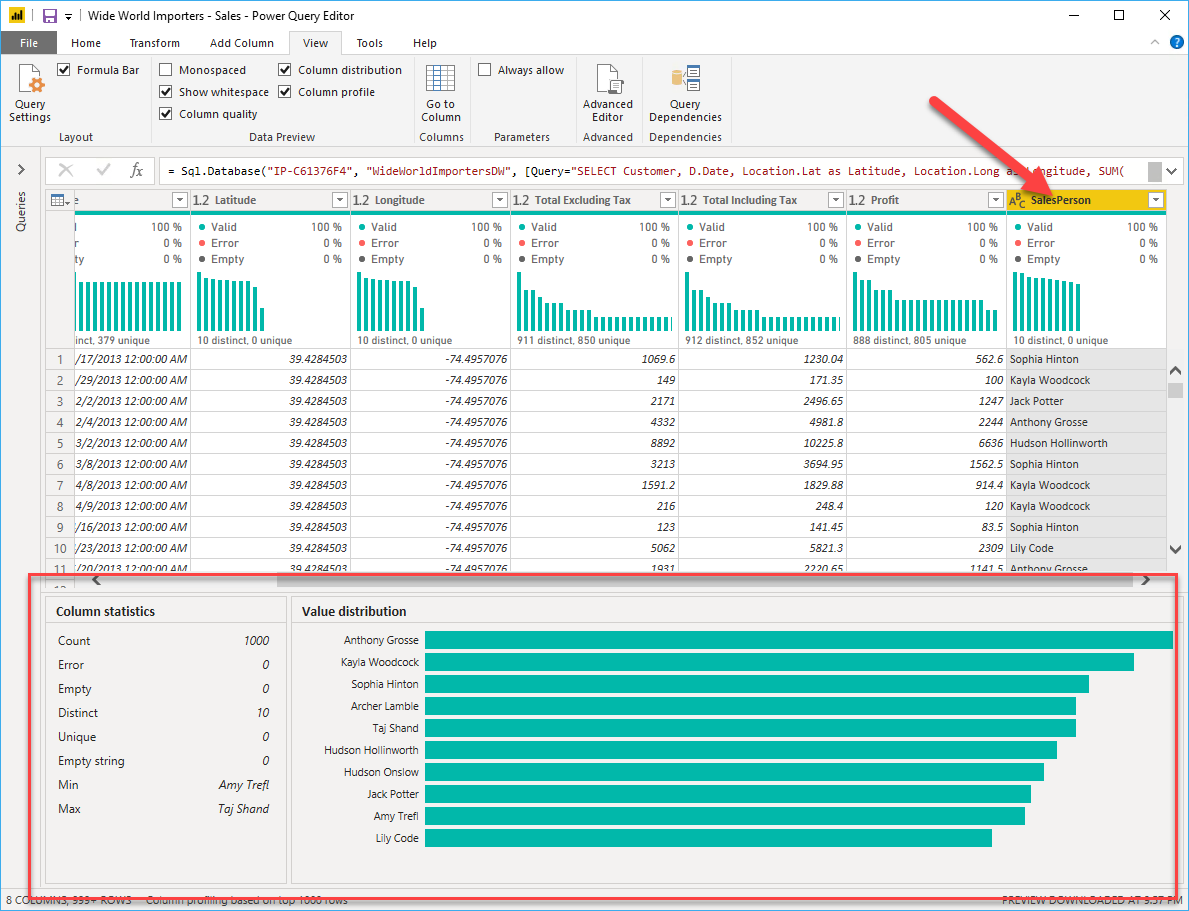 anomalies and data statistics for a column of data