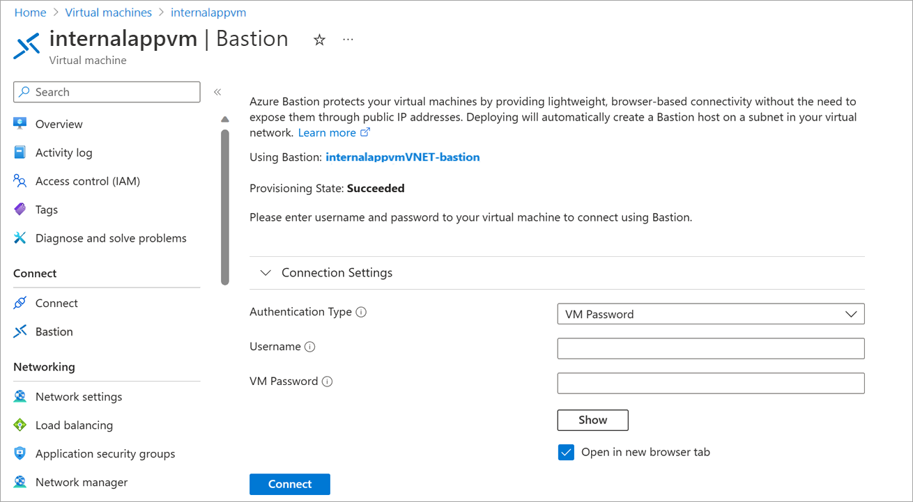 Screenshot of the Azure Bastion page that prompts you to enter username and password for the VM.