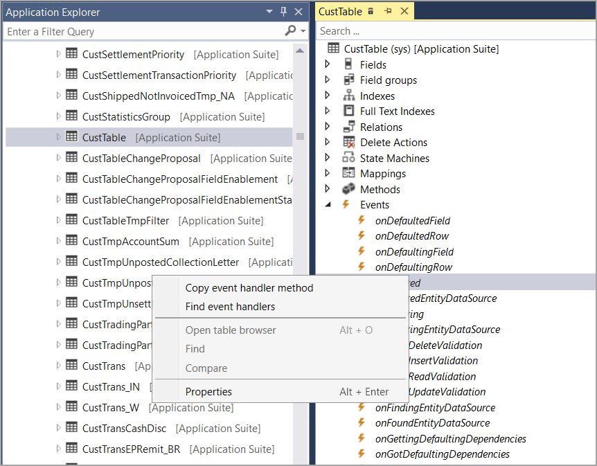 Visual Studio screenshot showing how to copy event handler method from
the table designer
window.
