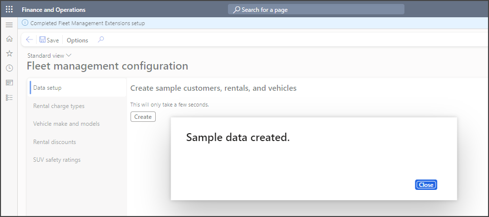 Screenshot of the Sample data created message.