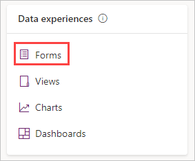 Screenshot showing a closeup of the data experiences pane with Forms highlighted.