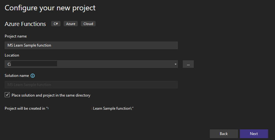 Screenshot of project name under configure your new project.