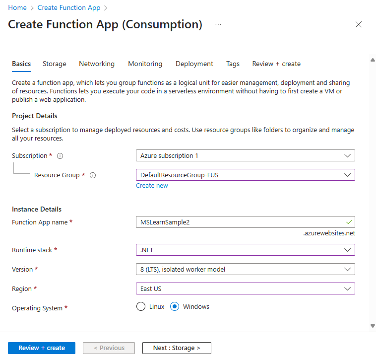 Screenshot of Function app name, Runtime stack, Review + create.