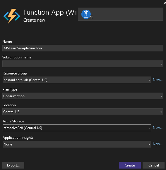 Screenshot of name for App Service and Create button.