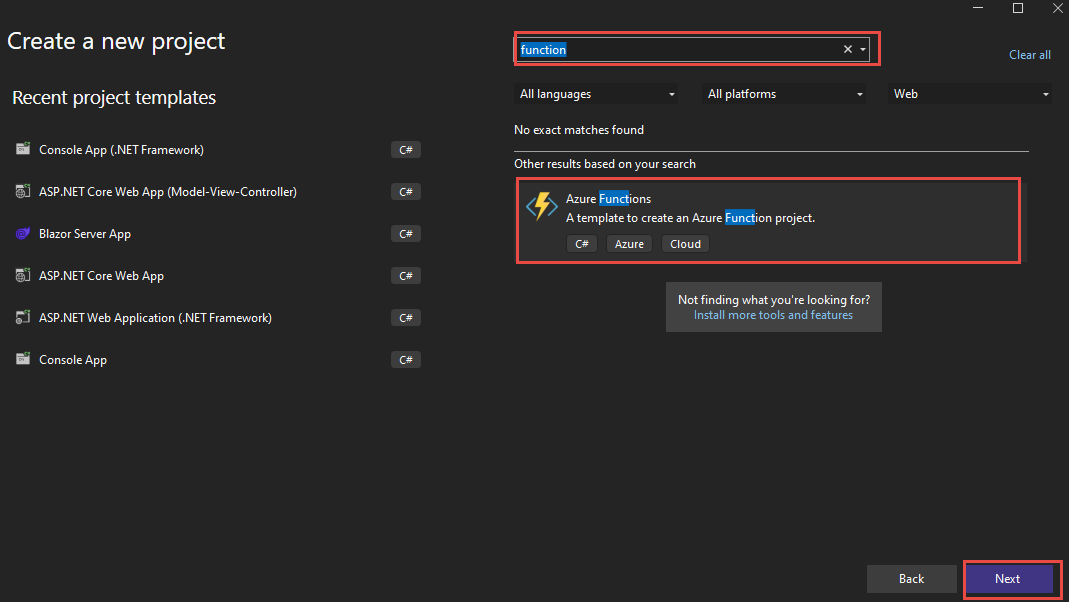 Screenshot of new project and function search.