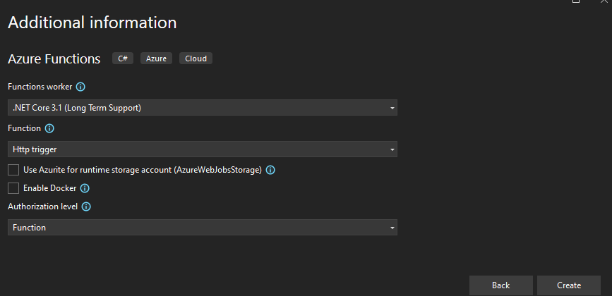 Screenshot of Create new Azure function application steps.