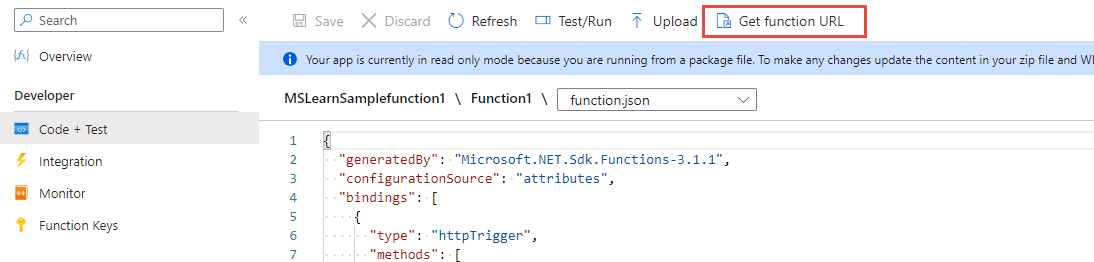 Screenshot of MsLearnFunction > Get function URL.