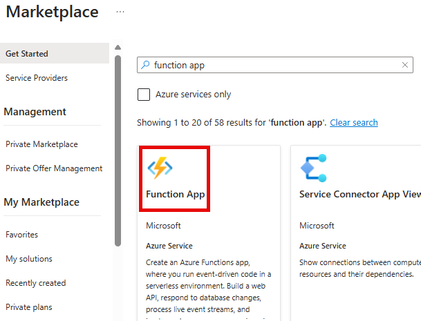 Screenshot of the search for Function App in Marketplace.