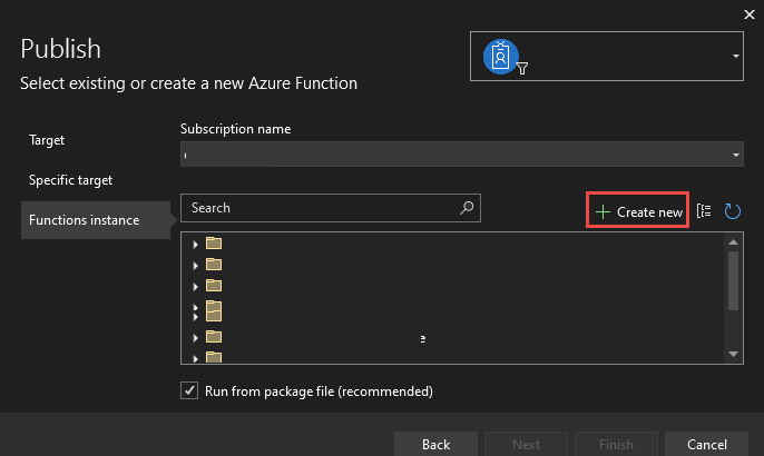 Screenshot of Azure Functions Consumption Plan, Create New.