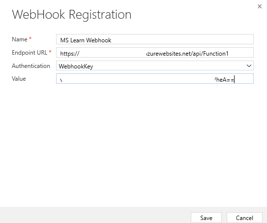 Screenshot of the WebHook Registration with values entered.