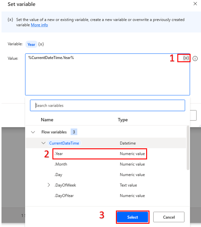Screenshot of the Power Automate for desktop Set year variable action.