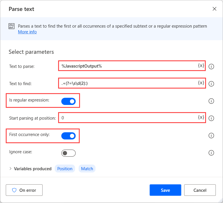Screenshot of the Power Automate for desktop Parse text action.