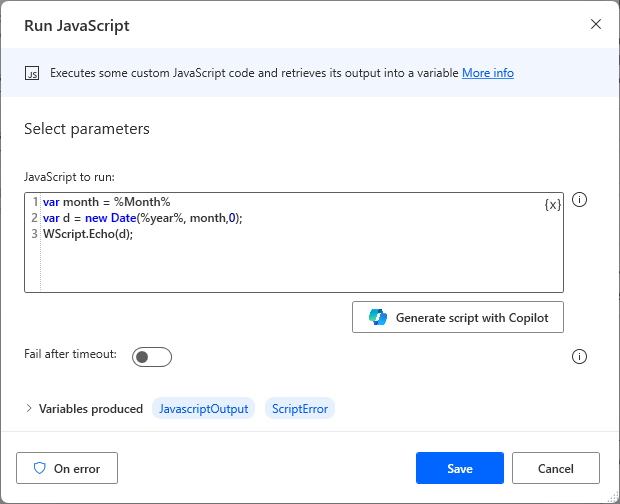 Screenshot of the Power Automate for desktop Run JavaScript action parameters with ScriptError highlighted next to Variables produced.