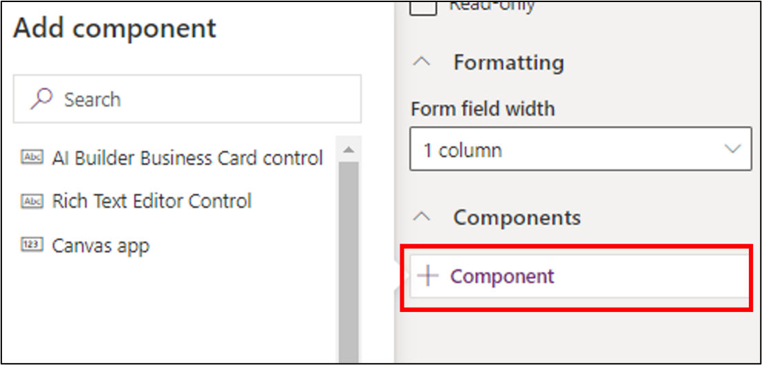 Screenshot of the Component property.