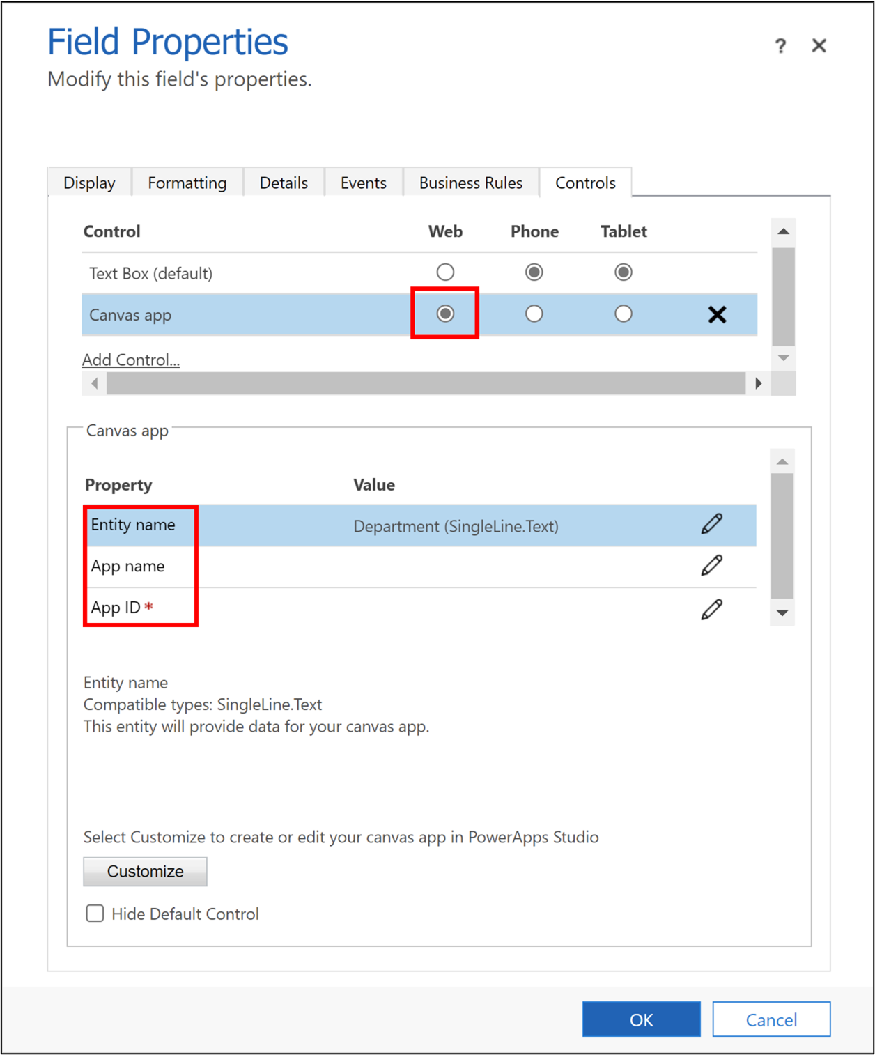 Screenshot of the Field Properties dialog, with Canvas app selected under Web.
