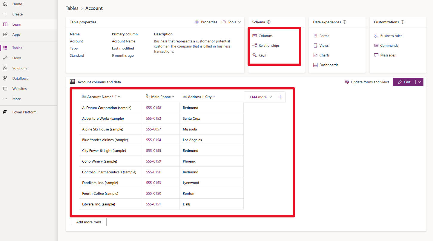 Screenshot of the Account table designer. Focus is on the Schema section that includes Columns, Relationships, and Keys. Focus is also on the list of records.