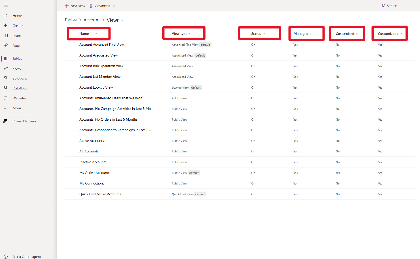 Screenshot of the list of views for the Account table. Focus is on the column headings of Name, View type, Status, Managed, and Customizable.