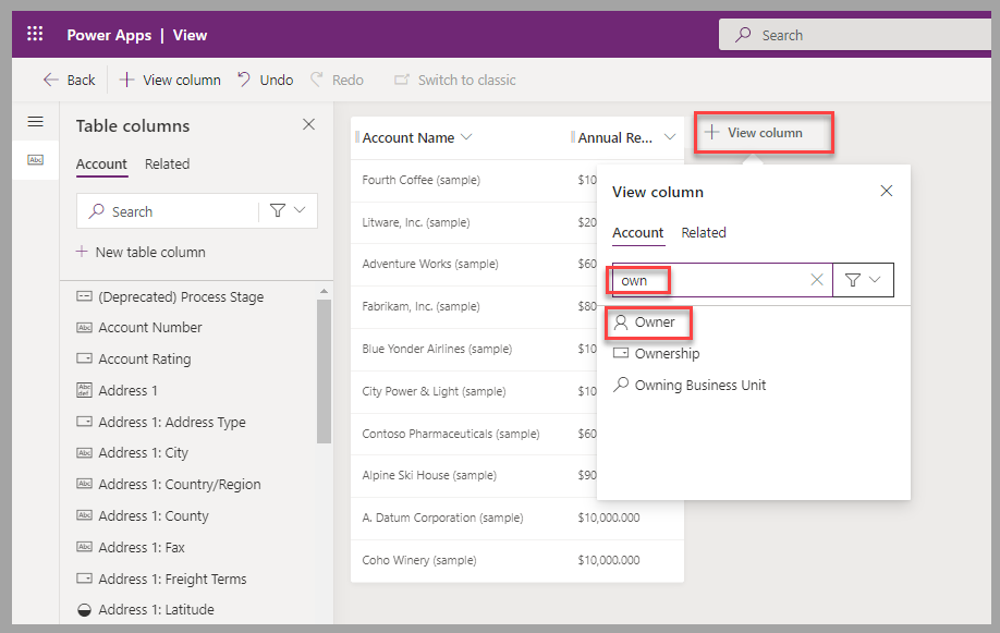 Partial screenshot of the view designer. Focus is on the Owner column being selected from the flyout menu of add View column.