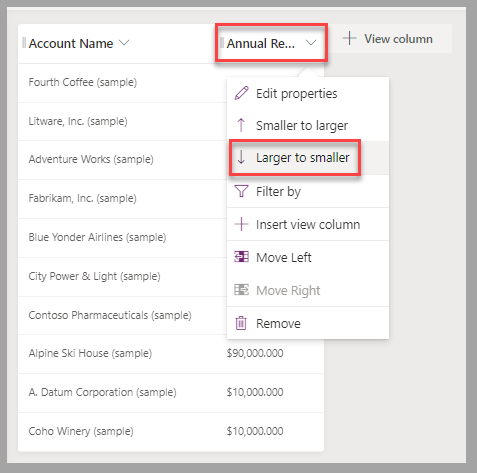 Partial screenshot of the view designer. Focus is on the Actual Revenue column heading and the Larger to smaller option from the flyout menu.