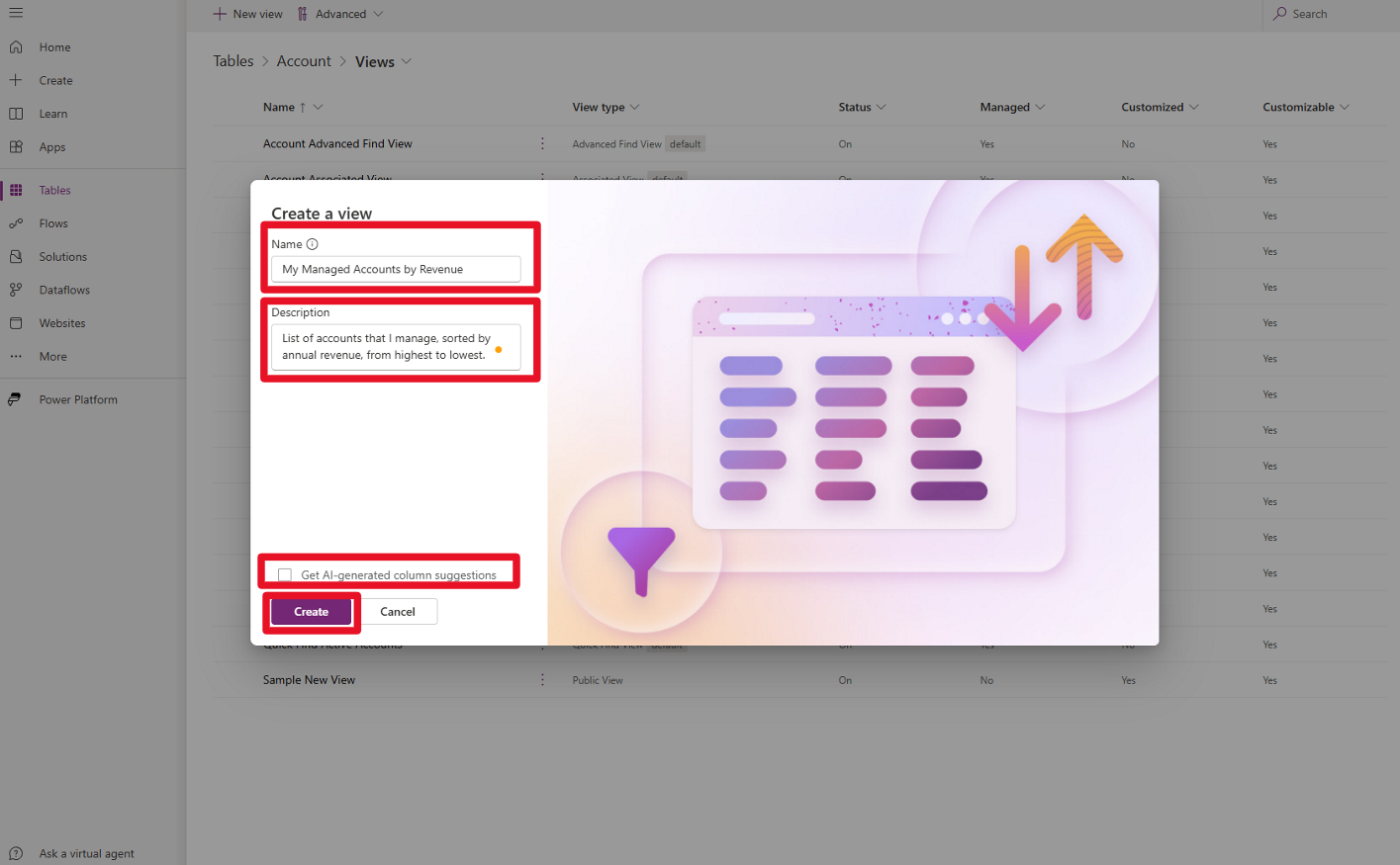 Screenshot of the Create a view form. The Name and Description fields are filled in and the Create option is highlighted.
