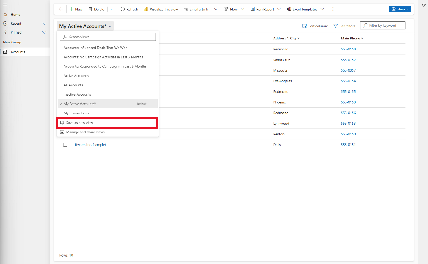 Screenshot of a model-driven app. Focus is on the Create view menu option.