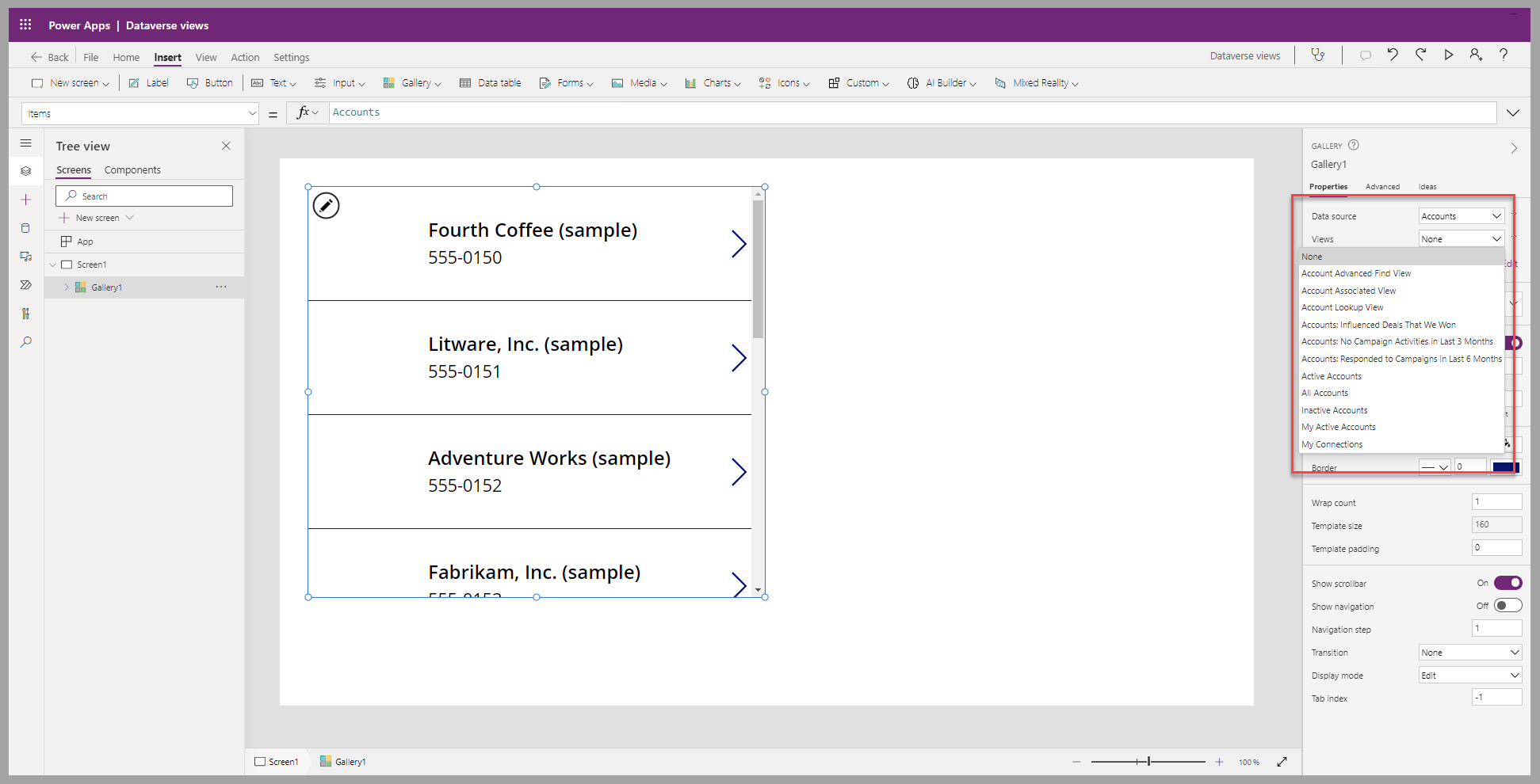 Screenshot of the canvas app studio with a gallery component. Focus is on Data source and view settings with the list of available views.