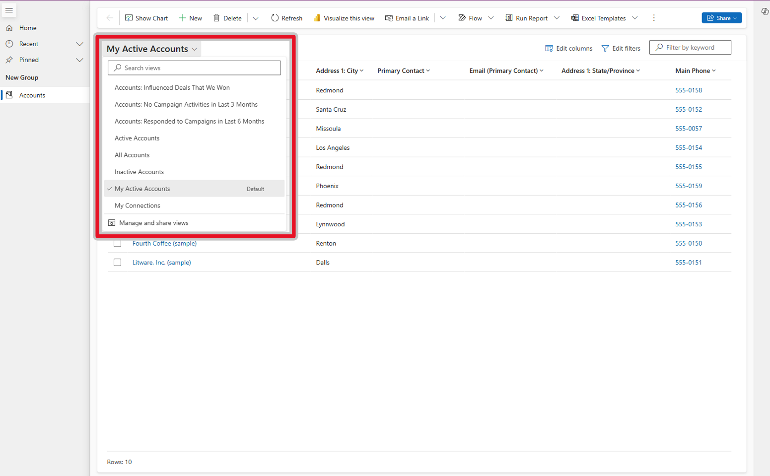 Screenshot of a model-driven app. Focus is on the list of available views.