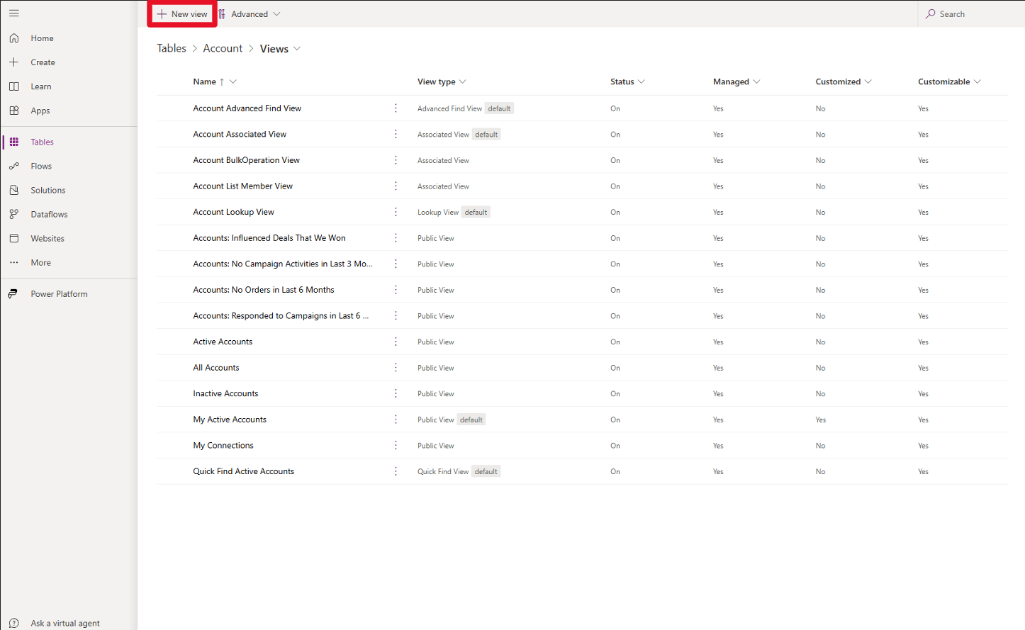 Partial screenshot of the list of views for the Account table, showing the New view option.