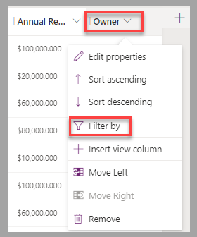 Partial screenshot of the view designer. Focus is on the Owner column heading and the Filter by option from the flyout menu.