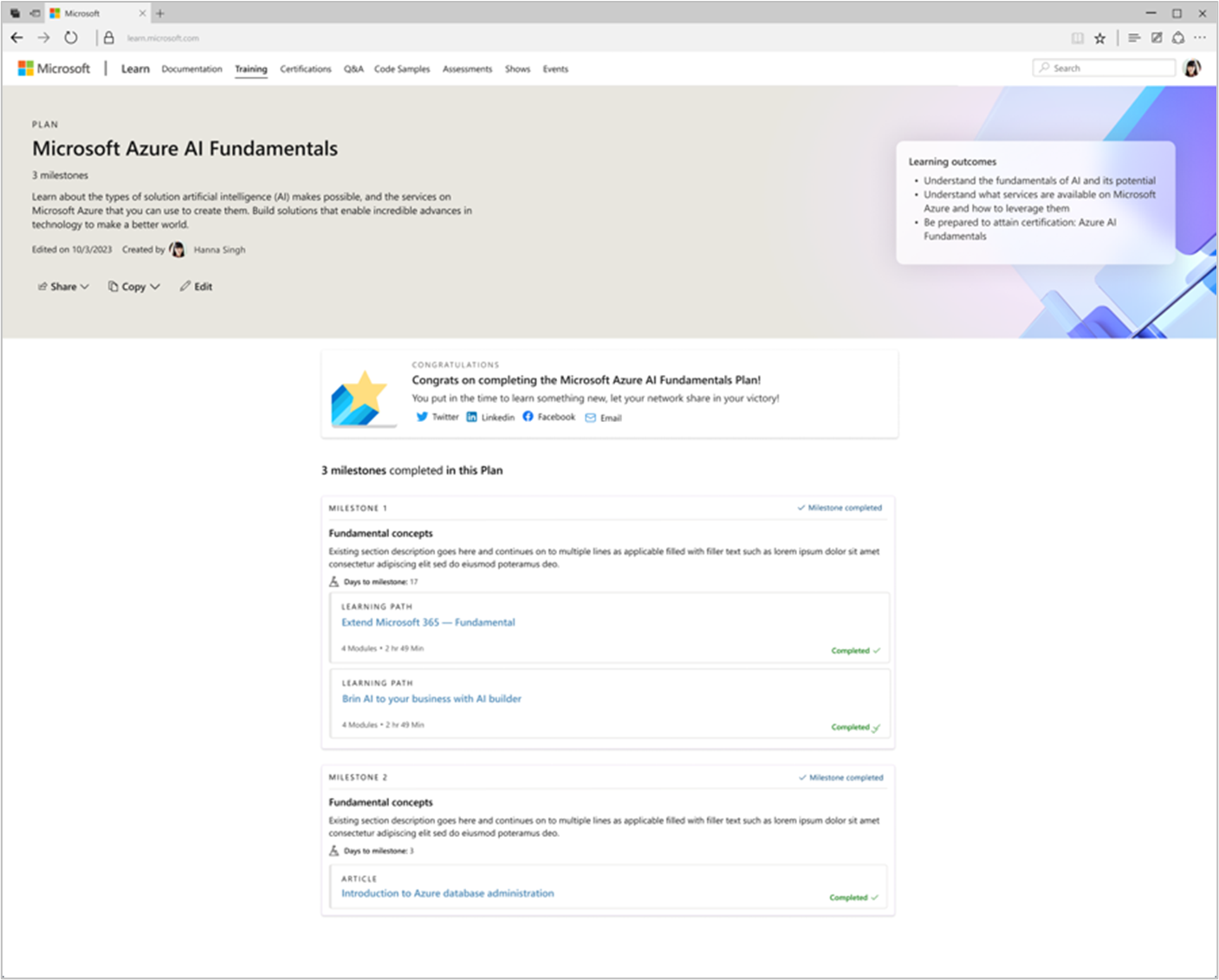 Screenshot of the Microsoft Azure AI Fundamentals Plan