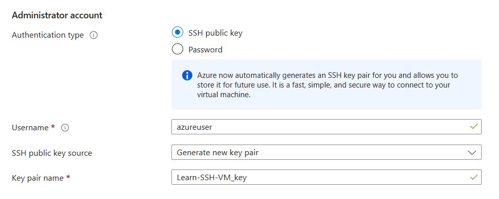 Screenshot showing the default values of the Administrator Account section during VM creation in Azure.