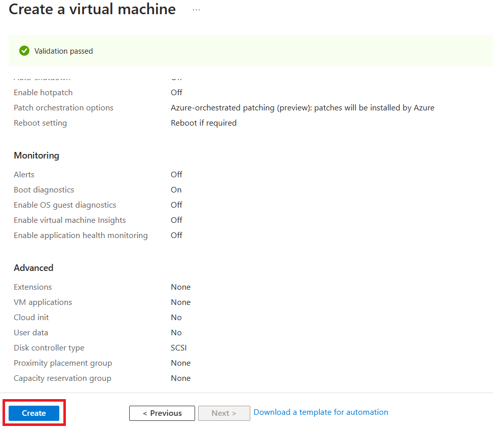 Screenshot highlighting the Create action for the validated VM.
